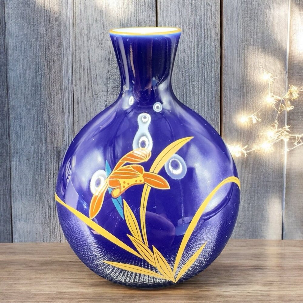 Vintage Koransha Japan Oriental Round Bottom Porcelain Vase Bud Vase Blue Floral
